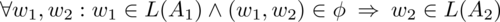 ∀w1,w2 : w1 ∈ L(A1)∧ (w1,w2) ∈ ϕ ⇒ w2 ∈ L(A2) 